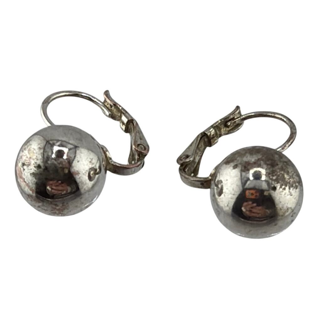 Vintage Sterling Silver Polished Sphere Leverback Earrings